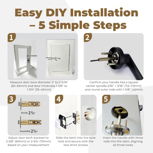 Door Latch Replacement - Non-Locking, 8mm Square Hole, Matte Black, 2 Pack | For Bedroom, Bathroom & Closet,Fits 2-3/8" or 2-3/4" Adjustable Backset, Easy install. Premium solid stainless steel.