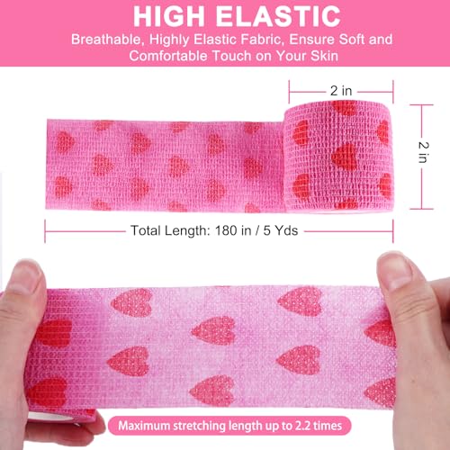 48 Pack Self Adhesive Bandage Wrap, 2” x 5 Yards Cohesive Medical Tape Elastic Grip Tape Black Sports Tape Athletic for Ankle, Wrist Sprains, Pet First Aid (Pink-Heart) - color: Pink-heart