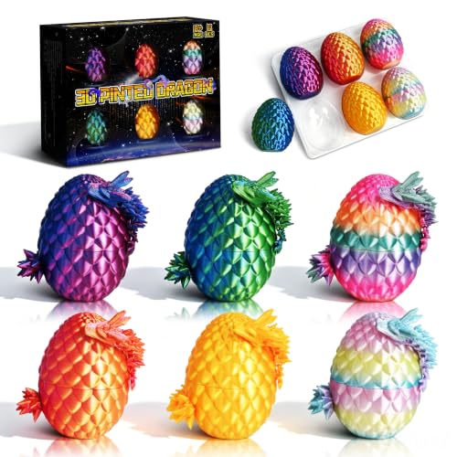 Impossmaker 6pcs 3D Printed Dragon Eggs | Cool Articulated Crystal Dragon Toys for Boys Kids Teen, Surprise Dinosaur Eggs for Party Favors, Fun Goodie Bag Stuffers - style: 6P-S1