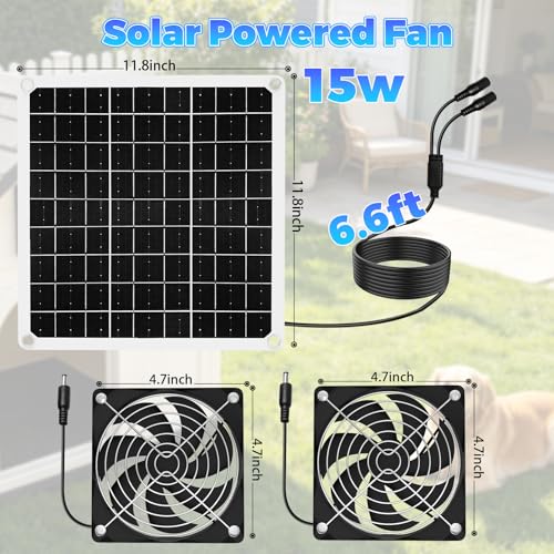 15W Solar Powered Fan for Chicken Coop, Solar Panel Fan Ventilation Exhaust Kits for Greenhouse Outside Shed Doghouses Pet House, Included 2 IP65 Waterproof Fans