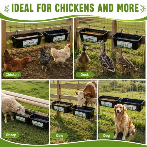 Chicken Feeder Waterer, 4 Pack Hanging Fence Trough, 5 Quart Total Capacity Plastic Feeder with Clips & Screws for Chicken, Duck, Goat, Sheep, Piglet, Dog and Poultry Livestock (Black 4pcs) - color: Black 4pcs