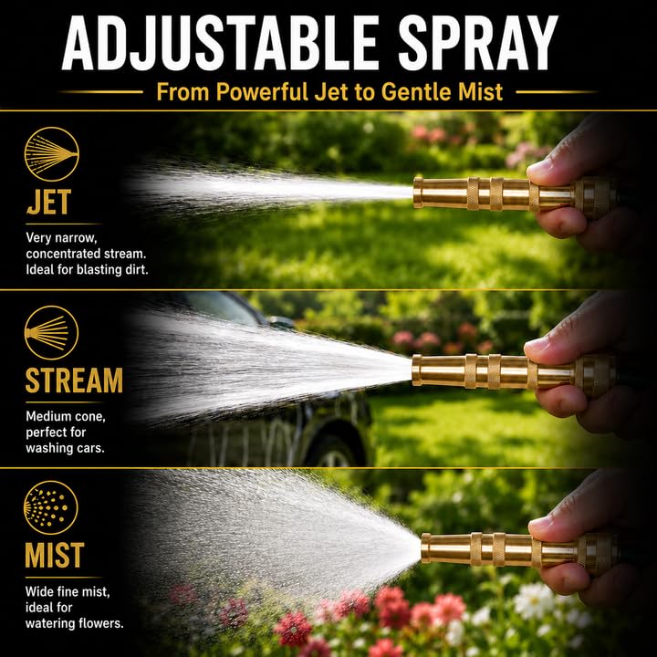 Solid Brass Metal Twist Garden Hose Nozzle, Heavy Duty Adjustable Pressure Spray Attachment, High Power Water Jet Sprayer with 4 Holes & ¾” Standard Threading, Includes 2 Extra Rubber Washers - size: Nozzle Pro - 1 Pack