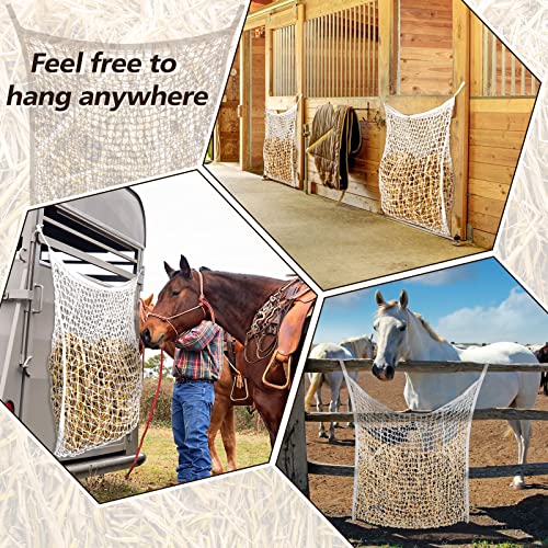 Riakrum 4 PCS Slow Feed Hay Net for Horses, 35 x 31 Inch Large Capacity Hay Bags for Horses Goats Sheep Donkey Trailer Full Day Feeding, Easy to Fill and Hang, White Stall Feeder