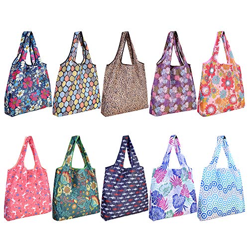 Reusable Grocery Shopping Bags 6|10 Pack, Foldable Tote Bags, Machine Washable Nylon Shopping Totes for Groceries - color: Flower-10pcs