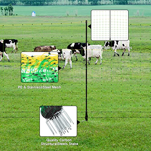 TMEE Electric Fence Netting Livestock Fencing for Goat with 14 Posts Double Spiked, Portable Mesh for Sheep, Deer, Hogs, Dogs in Backyards, Farms and Ranches, 49.6" H x 164' L, Green - size: 49.6" H