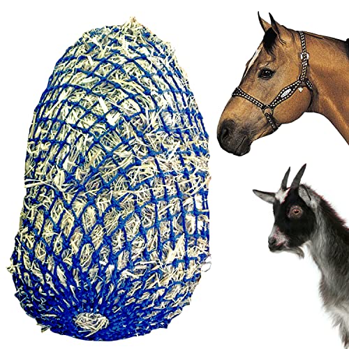 Majestic Ally 1.25”x1.25” Holes Ultra Slow Feed 40” Very Sturdy Hay Net with Bottom Ring for Goat, Sheep, Simulate Grazing and Reduces Waste (Royal Blue) - color: Royal Blue