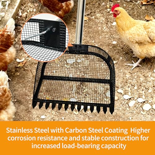 2-in-1 Chicken Poop Scooper, Chicken Coop Sand Rake with Adjustable Handle | 24-68in Stainless Steel Handle, Chicken Coop Rake for Chicken Coop Accessories Waste Cleaning Tools