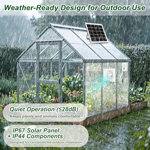 Solar Exhaust Fan with 7500mAh Battery & LCD Display, 25W Solar Panel Vent Fan for Chicken Coop, Greenhouse & Shed, 6" Solar Powered Ventilation Fan, 380 CFM, Ultra Quiet, Day & Night Cooling - size: 6 Inch