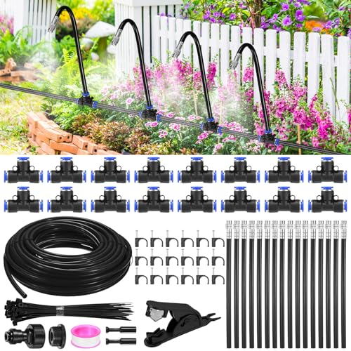 M METERXITY 1-Set Drip Irrigation System, 50Ft 5/16" Hose Garden Watering Misting System with 16pcs 360° Adjustable Copper Nozzles for Greenhouse/Yards/Lawn, Atomizing Watering Accessories - color: Black + Silver Tone, size: 50Ft 5/16"