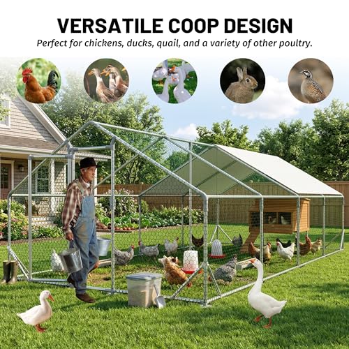 Metal Chicken Coop 20x10x6.56ft Extra Large Walk-in Poultry Cage for 15-30 Chickens Chicken Run Hen Rabbit Duck House with Waterproof Cover for Outdoor Farm Use - size: 240.0"L x 120.0"W x 78.7"H