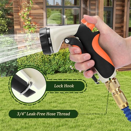 Garden Hose Nozzle, Heavy Duty Metal Water Nozzle with 8 Adjustable Spray Patterns, High Pressure Ergonomic Flow Control for Watering Plants, Lawns, Washing Cars, Pets, Black with Orange