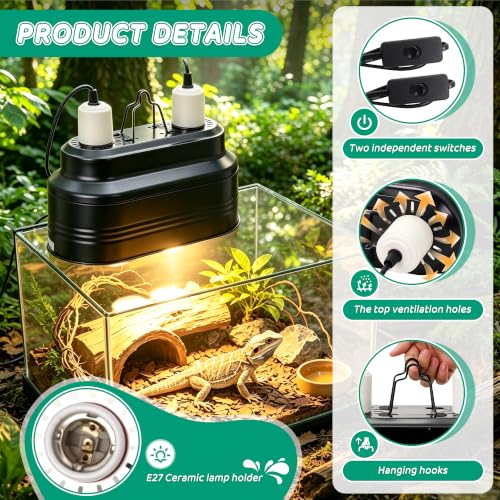 Dual Reptile Light Fixture with Independent Switches | Dual Deep Heat Lamps, UVB Light Fixture, Dome Heat Lighting Lamp Combo Kit, For Bearded Dragon, Iguana, Snake, Turtle Tank