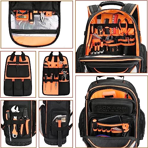 Tool Bag Backpack with 2 Canvas Tool Pouch Tool Kit, 75 Pockets & Loops Heavy Duty Tools Organizer/HVAC Tool Carrier for Eelectrician/Construction Work with Molded Base and Combination Lock, Black - color: Black1