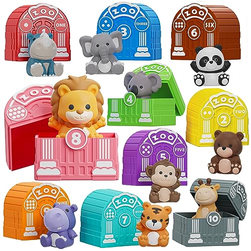 Learning Toy for Toddlers 1 2 3 Year Old, Montessori Educational Counting, Matching & Sorting Sensory Toys, 10 Safari Animals & 10 Zoos, Birthday Easter Gift for Baby Boy Girl Age 12-18 Months | 10 Zoo Animal Toys & 10 Barns, Counting, Matching & Sorting