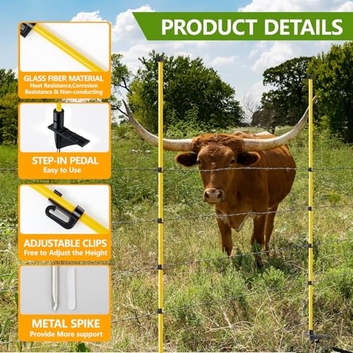 80 Inches Electric Fence Posts Fiberglass Step-in 20 Pack, Temporary Fence Stakes with Adjustable Clips for Livestock, Garden, Farm Protection