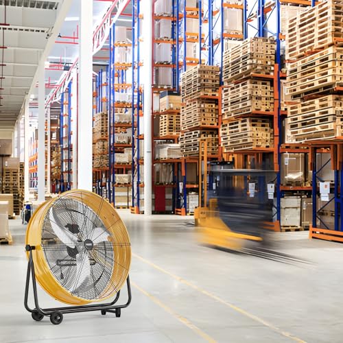Bonnlo 30 inch Industrial Drum Fan, 13000CFM High Velocity Metal Floor Fan with Handle, 3-Speed, 360° Tilt, Heavy Duty, Air Circulator for Shop, Garage, Gym, Barn, Commercial, Yellow - size: 30'' (Yellow)