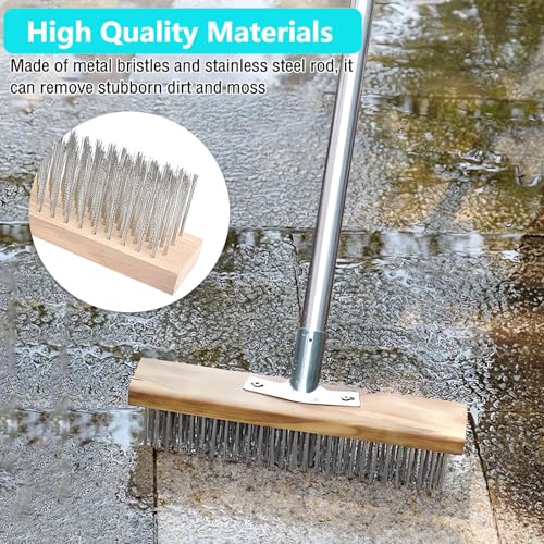 Concrete Scrub Brush - Concrete Brush Wire Broom with 62" Long Handle - Deck Brushes for Scrubbing Heavy Duty Stiff Metal Bristle Floor Scrubber Brushes for Cleaning Moss Grout Garage Patio
