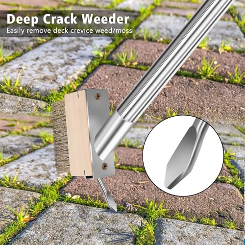 Wire Scrub Brushes with 65in Handle for Concrete Pavers Moss Remover | Heavy Duty Wire Broom, Crack Weeder Puller for Outdoor Deck Patios Walkways Floor Cleaning, Detachable Long Handle