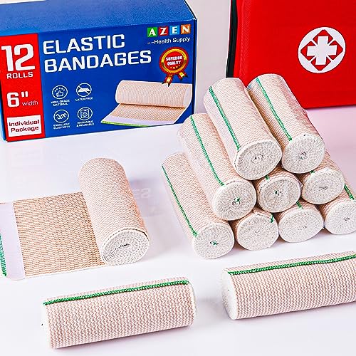 AZEN Premium 12 Pack Elastic Bandage Wrap 6 Inch, Compression Wrap Bandage for Legs, Ankle, Knee, Tummy, Body, Latex-Free, Lymphedema Wraps for Legs - color: B-12p(6in)