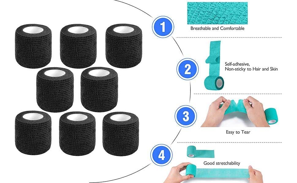 Self Adhesive Bandage Wrap,2" Black Cohesive Bandages Vet Wrap Sports Tape | CIYAGPOOU 8 Pack Elastic Breathable Athletic Wrap Bulk for First Aid Supplies, Wrist Sprains Protection - color: Black Self Adhesive Bandage Wrap