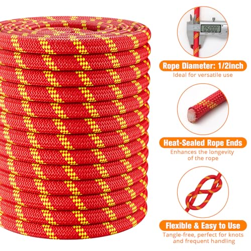 Double Braided Arborist Rigging Rope - 1/2 in X 100 ft 48 Strands Rappelling Outdoor Pulling Heavy Duty Polyester Bull Rope for Swing Tree Work Camping Rescue Hiking - Red - color: Red, size: 1/2 inch X 100ft
