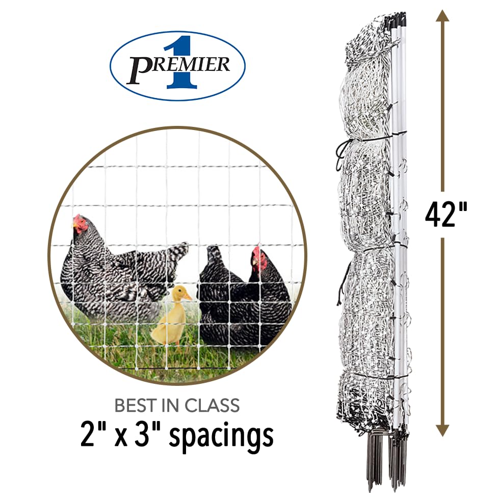 Premier 1 PoultryNet® Plus, Starter Kit for Chickens – 42"H x 100'L | White/black. Includes solar energizer, support posts & tester. Double spike, posts every 6.8 ft to reduce sag. For chickens.