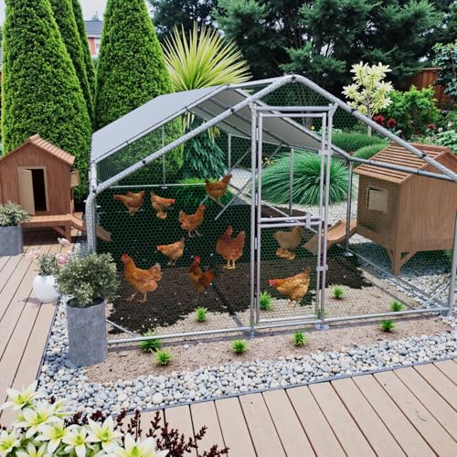 Large Metal Chicken Coop Runs for Yard with Cover, 10x26x6.5 | Perch Bars, Split Doors, Waterproof Covers, Mesh Wire - size: 315.0"L x 118.1"W x 78.7"H
