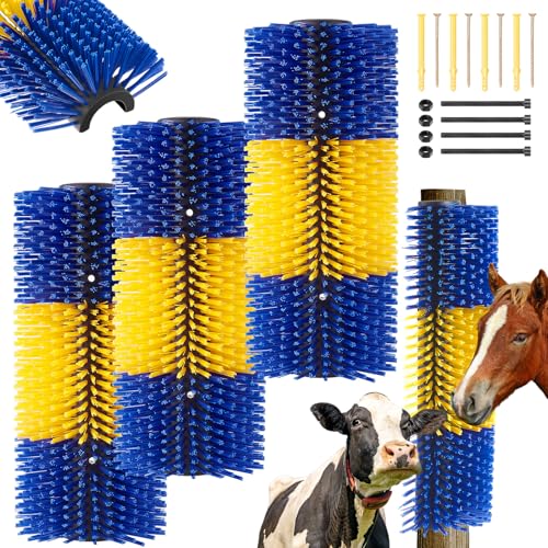 3 Pack Livestock Scratching Brush, Yellow and Blue | Animal Scratcher, Itch Relief Grooming, Horse Goat Cow Scratcher, Fence Post Mounting, Durable Bristles, Farm Livestock Care - color: Yellow and Blue