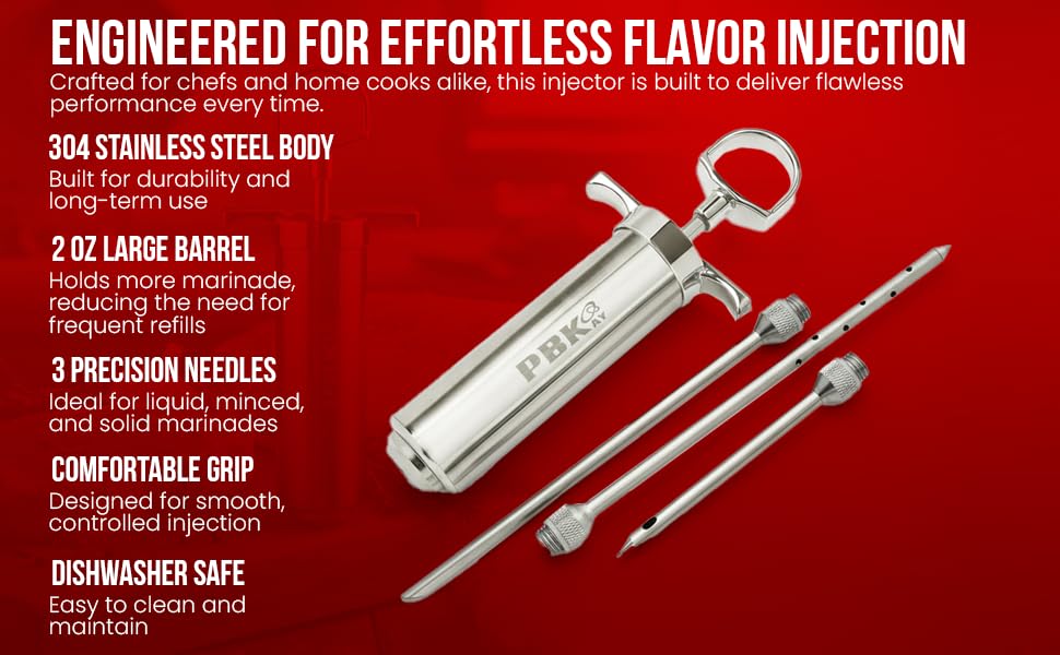 Heavy Duty Stainless Steel Meat Injector Kit – 2 oz Marinade Syringe with 3 Professional Needles for Turkey, Brisket, Chicken, Pork & BBQ – Dishwasher Safe Food Injector