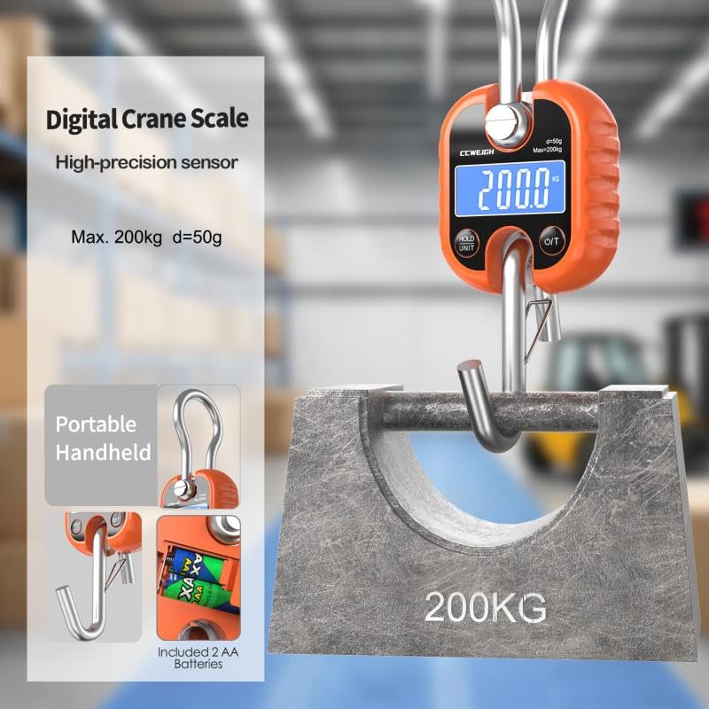 Hanging Scale Handheld 440lb/200kg Crane Scale Luggage Scale,with ABS Plastic case & Big LCD Display, Portable Digital Mini Crane Scale Fishing Scale,for Gym,Hunting,Travelling - color: Orange(440lb/200kg)