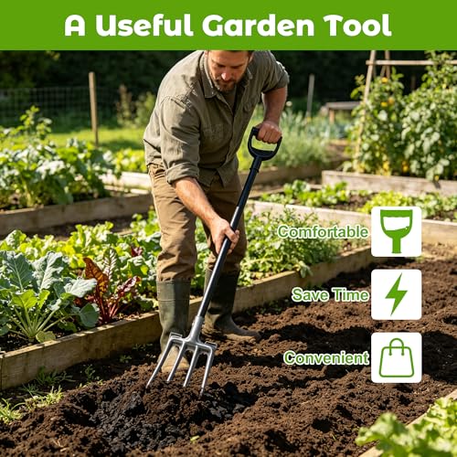 Pitch Fork, Metal Broadfork Garden Tool Long Handle, 4 Tine Mulch Hay Manure Digging Bedding Hay Potato Garden Fork Shovel for Gardening Loosening Soil Compost - size: 47"