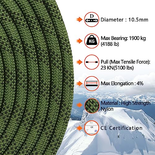 AOLEBA 10.5 mm Static Climbing Rope 10M(32ft) 20M(64ft) 30M(96ft) 50M(160ft) 70M(230ft) Outdoor Rock Climbing Rope, Escape Rope Ice Climbing Equipment Fire Rescue Parachute Rope - color: Green, size: 64ft