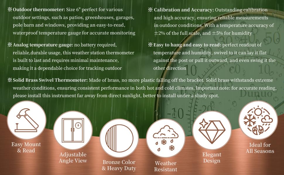 6-Inch Brass Outdoor Thermometer & Humidity Gauge, Easy-Read Dial | Weatherproof Battery-Free Analog Hygrometer, °F/°C Dual Scale, Adjustable Swivel Bracket for Patio, Window & Greenhouse - size: 6inch thermo&hygrometer
