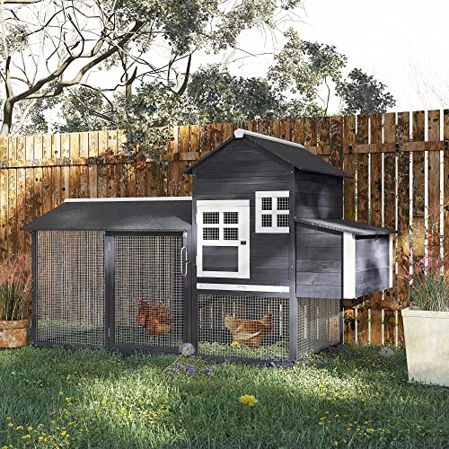 PawHut 84" Wooden Chicken Coop with Run Nesting Box for 2-3 Chickens Gray | Hen House Outdoor, Asphalt Roof, Removable Tray, Ramp, Poultry Cage - color: Gray