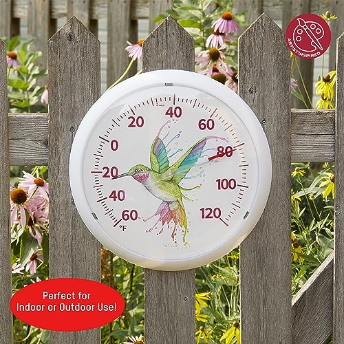 Taylor Watercolor Series Rainbow Hummingbird Indoor Outdoor Dial Thermometer, Home Decor for Patio, Pool, or Garage, 13.25inch, White Bezel - style: Hummingbird