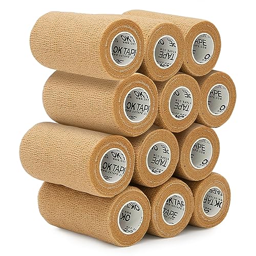 OK TAPE Self Adherent Cohesive Bandages Wrap 12Packs 3" x 5 Yards | Non-Woven Self Adhesive Bandage Wrap for Thumb, Finger, Wrist, Ankle, Vet Wrap Bandages Tape (Beige) - color: Beige/Tan, size: 3 In x 5 Yards