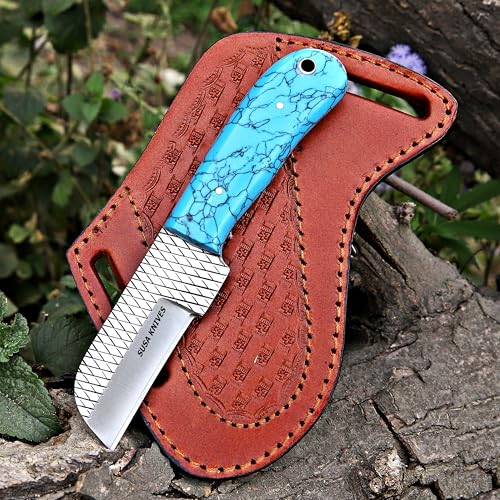 Custom Handmade 7'' fixed blade hoof rasp knife/Cow boy knife/Bull cutter Cowboy knives with pancake leather sheath (BLUE Turquoise) - color: BLUE Turquoise