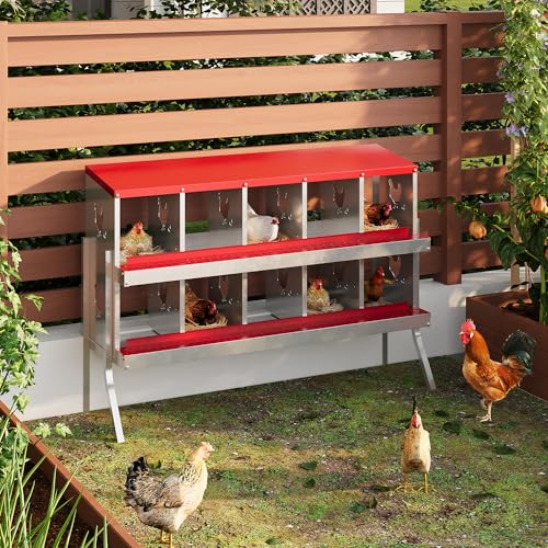 Chicken Nesting Box, 10-Hole Nesting Boxes with Bracket Legs, Removable Tray, Ventilation Holes, Easy Egg Collection & Cleaning, Laying Boxes for Hens, Red - color: Red, size: 53.5"L x 16.9"W x 26.6"H