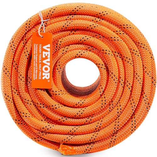 VEVOR Double Braided Polyester Rope, 1/2 in x 220 ft, 48 Strands, 8000 LBS Breaking Strength Outdoor Climbing Rope, Arborist Rigging Rope for Rock Hiking Camping Swing Rappelling Rescue, Orange/Black - size: 1/2 Inch x 220 FT, style: Polyester