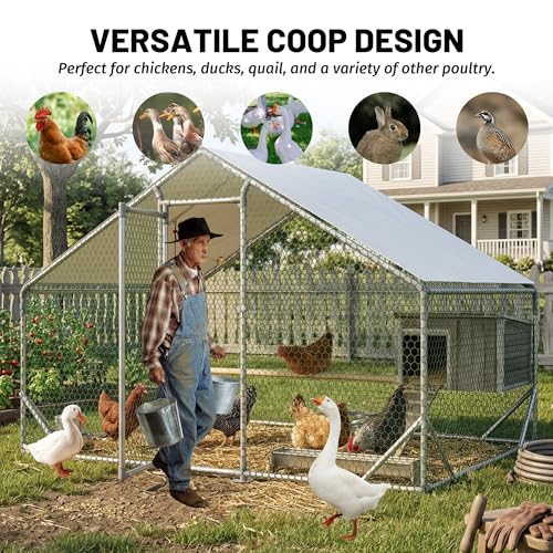 Metal Chicken Coop 10x6.6x6.56ft Walk-in Poultry Cage for 5-10 Chickens Chicken Run Hen Rabbit Duck House with Waterproof Cover for Outdoor Farm Use - size: 79.2"L x 120.0"W x 78.7"H