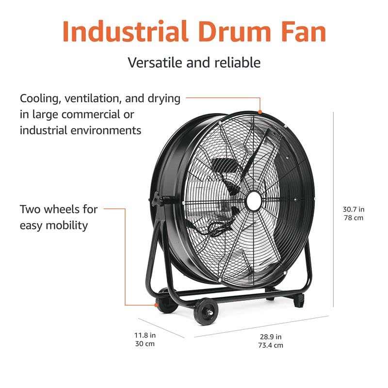 Amazon Basics 24" 215W High-Velocity, Heavy-Duty Industrial Fan, Drum Fan, with UL-Certified Safety Compliance, 2 Speeds, Up to 8820 CFM, 5.9-ft Power Cord, 2 Wheels, Metal Housing/Blades, Black - size: 24-inch