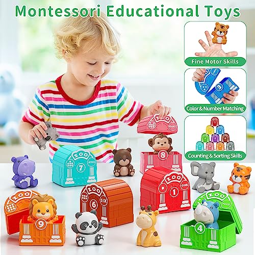 Learning Toy for Toddlers 1 2 3 Year Old, Montessori Educational Counting, Matching & Sorting Sensory Toys, 10 Safari Animals & 10 Zoos, Birthday Easter Gift for Baby Boy Girl Age 12-18 Months | 10 Zoo Animal Toys & 10 Barns, Counting, Matching & Sorting