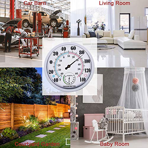 Indoor Outdoor Thermometer Large Wall Thermometer-Hygrometer Waterproof Does not Require Battery (White) - color: White1, size: 10 Inch