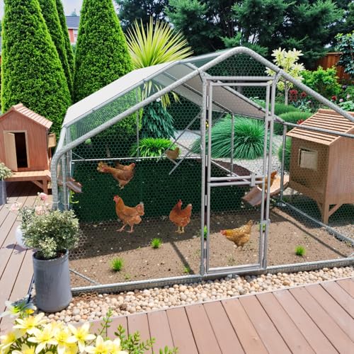 Large Metal Chicken Coop Runs for Yard with Cover, 10x20x6.5 | Perch Bars, Split Doors, Waterproof Covers, Mesh Wire - size: 236.2"L x 118.1"W x 78.7"H