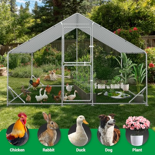 Acepic 10x6.5x6.5ft Metal Chicken Coop with Roosting Perches & Door Lock | Walk-in Poultry Cage with Waterproof & UV Resistant PE Top, Predator-Proof Hen Run for Yard, Farm, Chicken, Duck, Rabbit - size: 118.1"L x 78.7"W x 78.7"H