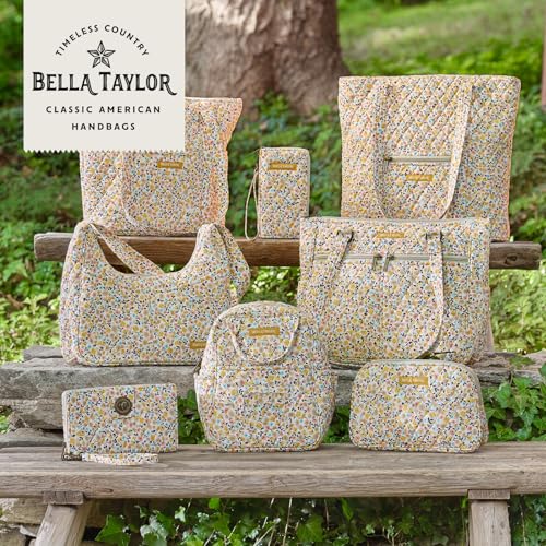Bella Taylor Lunch Tote, Quilted Lunch Bag, Prairie Meadow | Lightweight quilted cotton lunch box, easy-to-clean PEVA lining, 3 outside/1 inside pocket, durable construction - color: Prairie Meadow