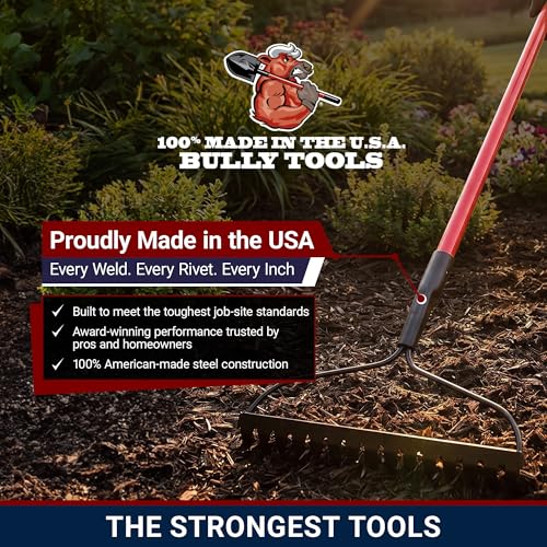 Bow Rake 16" Tines, Heavy Duty Steel Garden Rake for Leaves | 58" Fiberglass Long Handle, Rake For Lawn Debris, Mulch, Soil and Gravel, 100% Made in USA