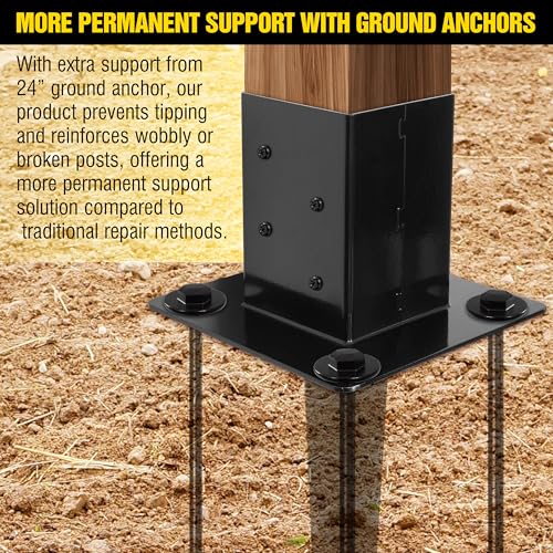 LADECH 4x4 Fence Post Anchor Ground Spike 24” Length with Ground Anchors Screw in - Metal Black Powder Coated – Mailbox Post Anchors – Fit 3.5x3.5 Standard (Black - 1 Pc)