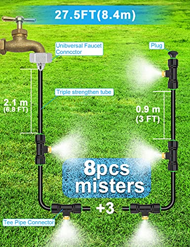Lekit Misters for Outside Patio 27.5FT(8.4M)+8 Brass Mist Nozzles+a Brass Adapter(3/4") Detachable Outdoor misting Cooling System for Garden, Waterpark, Greenhouse, Backyard - size: 27.5 feet