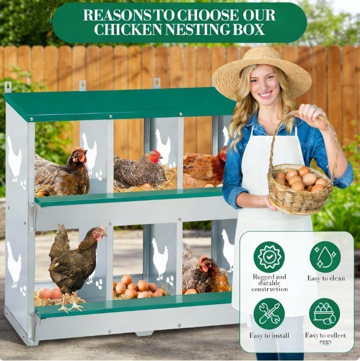 Chicken Nesting Box, 6 Compartments Nesting Box with 4 Fake Eggs & 10 Soft Nest Pads, Wall Mounting for Easy Egg Collection, Heavy Duty Galvanized Steel Rustproof Laying Box with Vented & Easy Clean - size: 6 compartment with Legs
